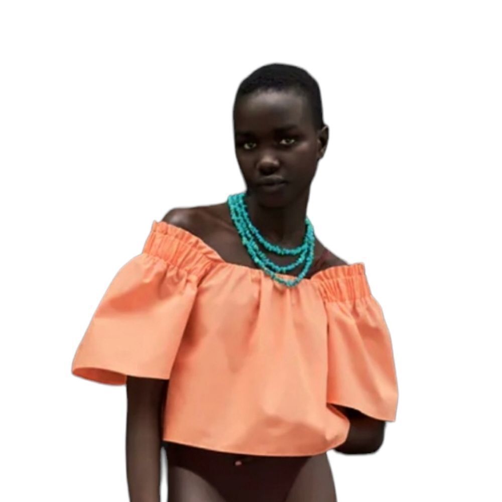 ZARA tangerine crop top sherbet orange square‎ neck ruffle sleeve M